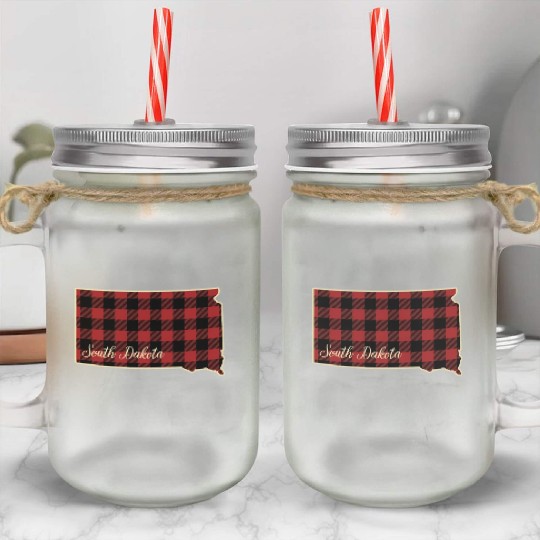 South Dakota Buffalo Plaid Silhouette Home State Mason Jar Cups