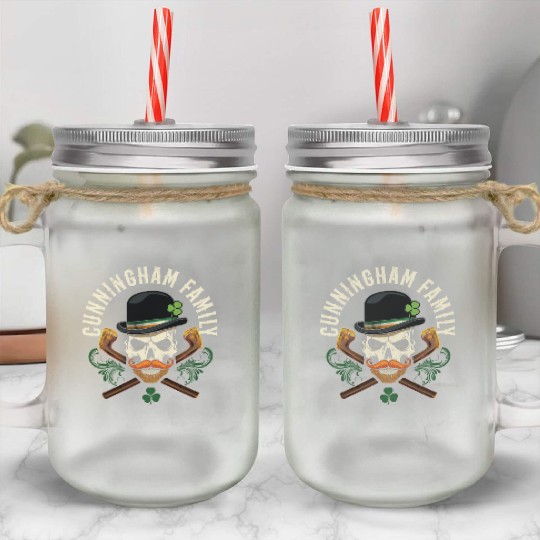 Cunningham Family Irish Skull with Shillelagh and Mason Jar Cups