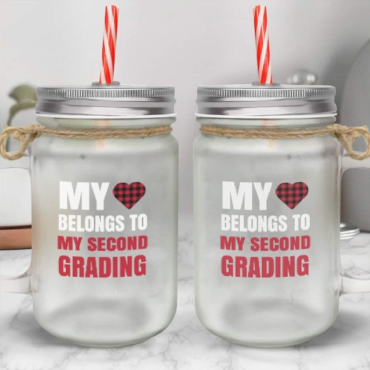 Heart Buffalo Plaid Clothes 2nd Grade Teacher Mason Jar Cups
