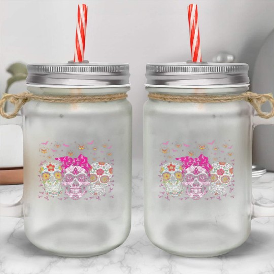 Sugar Skull In October We Wear Pink Breast Cancer Mason Jar Cups