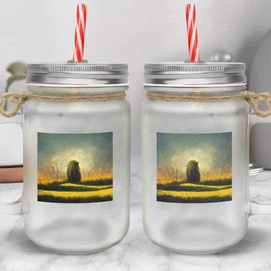 Lion meditate on sunrise, painting Mason Jar Cups