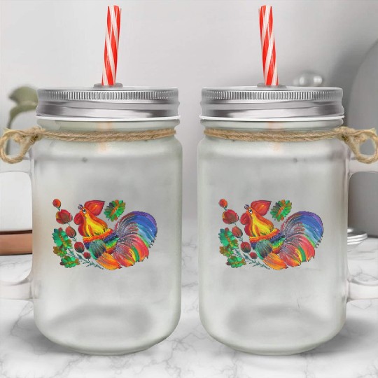 Magic cock. Petrykivka painting. Rainbow rooster Mason Jar Cups