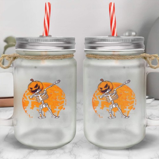 Dabbing Skeleton Jack O Lantern Pumpkin Halloween Mason Jar Cups