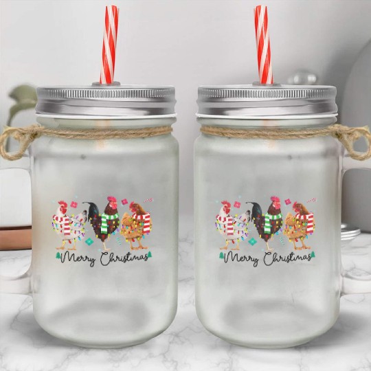 Merry Christmas Funny Chicken With Christmas Light Mason Jar Cups