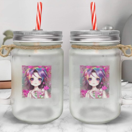 Anime Kawaii Chibi Girl Flowers Blossoms Gift Mason Jar Cups