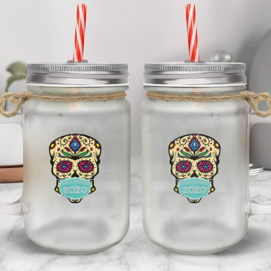 Sugar Skull Wearing Face Mask | Day of the Dead Mason Jar Cups