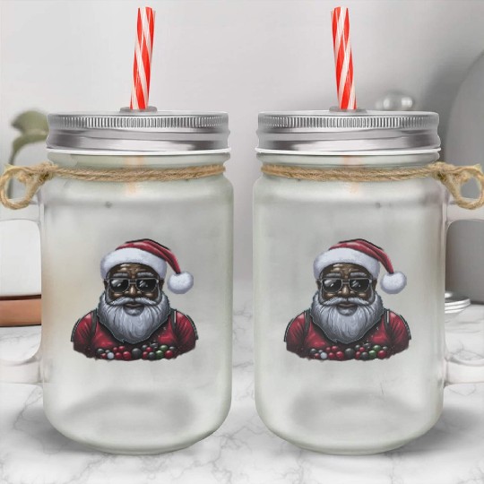 Black Santa, African American Santa Claus Mason Jar Cups
