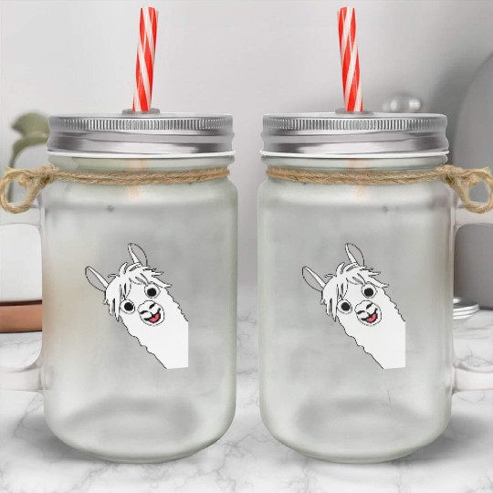 Laughing alpaca comic lama in white with big eyes Mason Jar Cups