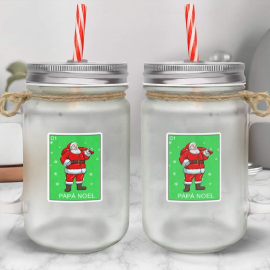 Papa Noel Father Christmas Card Mexican Lottery Mason Jar Cups