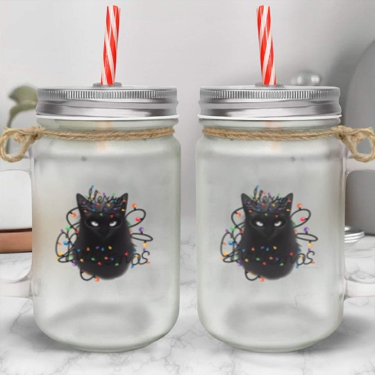 Black Cat christmas light Mason Jar Cups