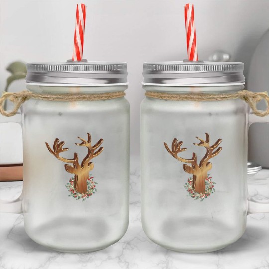Deer head in wood look with Christmas wreath Mason Jar Cups