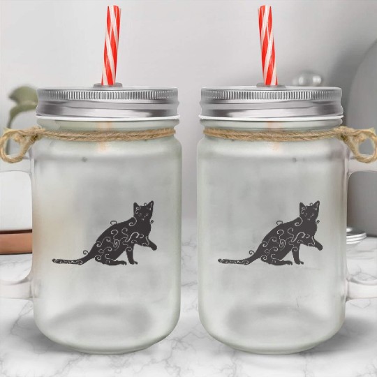 Black magic Cat desk mat , black cat holding on Mason Jar Cups