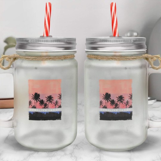 Honolulu Oahu Hawaii Vacation Souvenir Palm Tree Mason Jar Cups