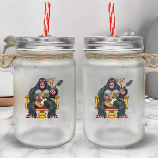 Ape sitting on a throne hold an electric guitar Mason Jar Cups