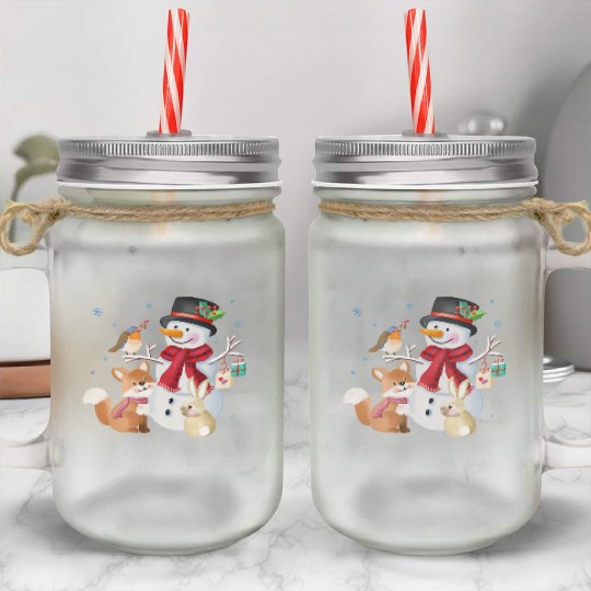 Snowman with fox, rabbit and robin Mason Jar Cups