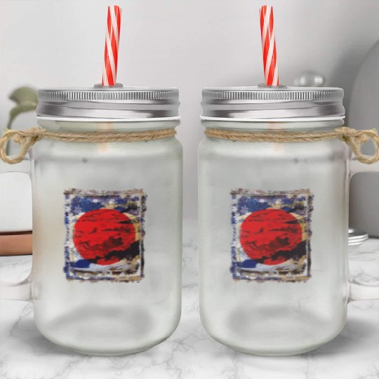 Japan Flag Red Circle Blue Mountain Collage Art 74 Mason Jar Cups