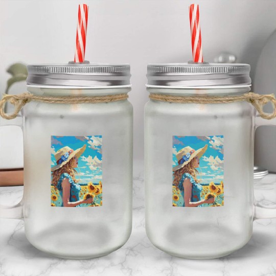 Sunflower girl summer Mason Jar Cups