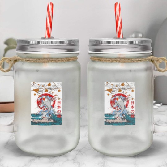 Great Wave off Kanagawa Japanese Blossom Koi Fish Mason Jar Cups