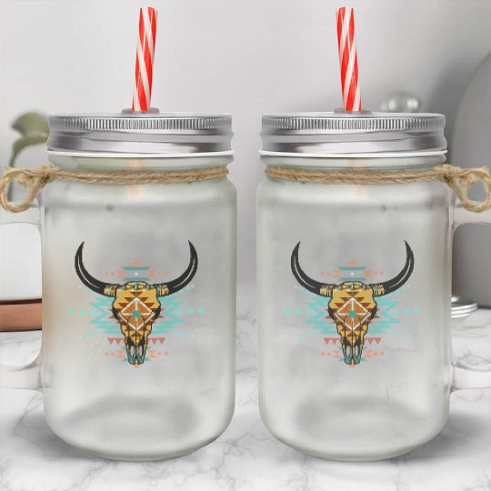 Western Aztec Bull Skull Mason Jar Cups