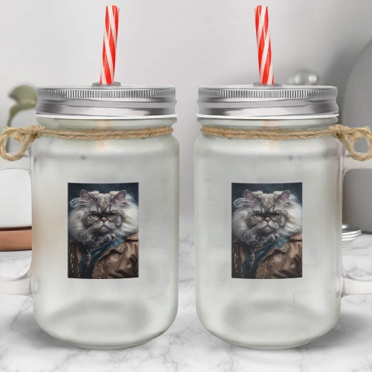 Persian Cat Breed Portrait wears a leather jacket Mason Jar Cups