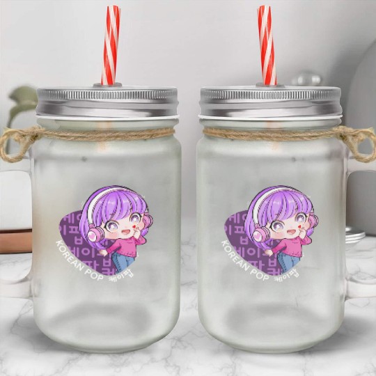 Korean Pop Chibi Finger Heart Anime Girl Kpop Kdra Mason Jar Cups