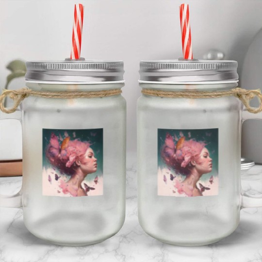 Breast Cancer Survivor Pink Flower Hair Girl Mason Jar Cups