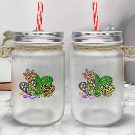 Mardi Gras Hearts Leopard Print Fleur de lis Symbo Mason Jar Cups