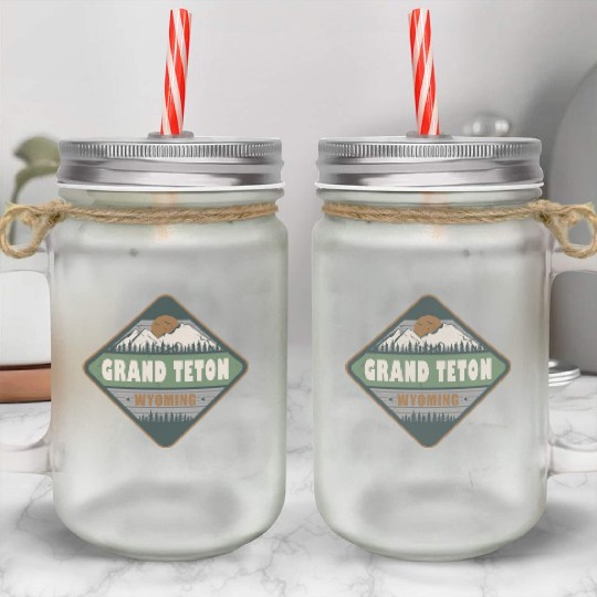 Grand Teton Wyoming US Vintage Hiking Design Mason Jar Cups