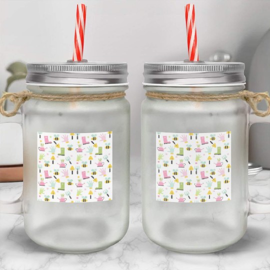 gardening icon seamless pattern on white. Mason Jar Cups