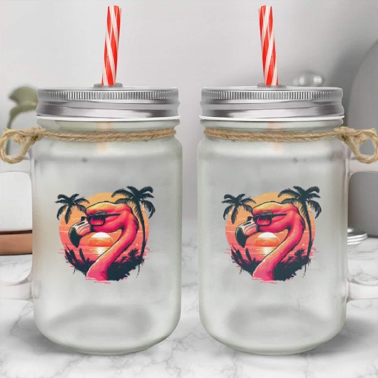 Retro Sunset Pink Flamingo Summer Design Flamingo Mason Jar Cups