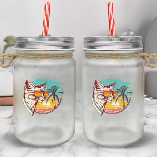 Retro Cat Vintage Sunset 80s 90s Sunglasses Party Mason Jar Cups