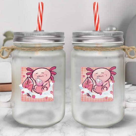 Kawaii Axolotl Strawberry Milk Shake Funny Sushi Mason Jar Cups