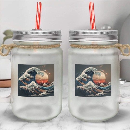 Great Wave Retro sunset Japanese art Mason Jar Cups