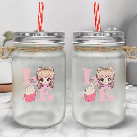 Love Saranghae Finger Heart Korean Anime Chibi Kpo Mason Jar Cups