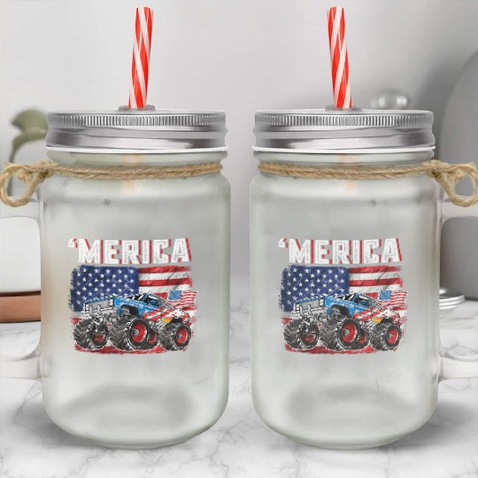 Monster Truck USA Merica Men Boys 4th of July Mason Jar Cups