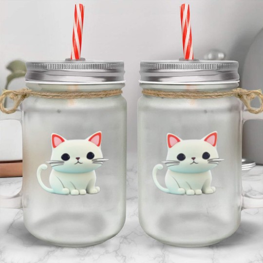 The Feline Fantasy A White Cat Chibi Design Mason Jar Cups