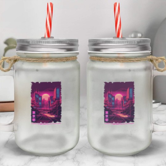 Vaporwave City Night Scene Tokyo Japanese Aestheti Mason Jar Cups
