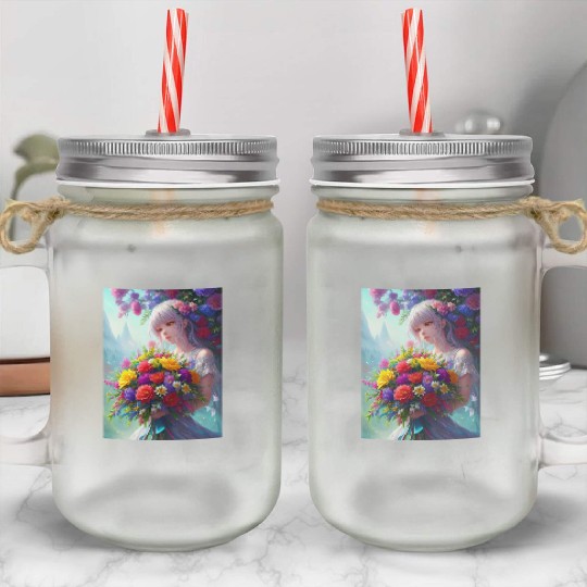 Spring Girl with a bouqet of flowers garland #2 Mason Jar Cups