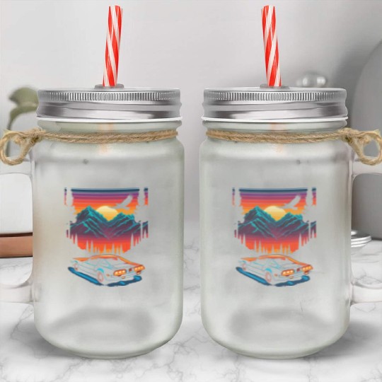 1980s Muscle Car and Retro Neon Mountain Sunset Mason Jar Cups