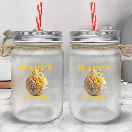 Happy Easter Egg Design with Floral Elements Mason Jar Cups