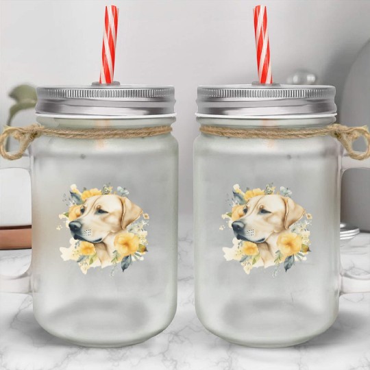 Yellow Lab Dog Watercolor Floral Mason Jar Cups