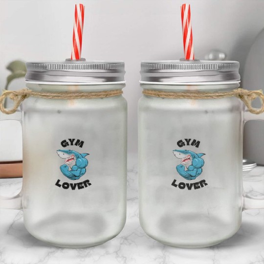 Blue Illustrated Shark Gym Lover Mason Jar Cups