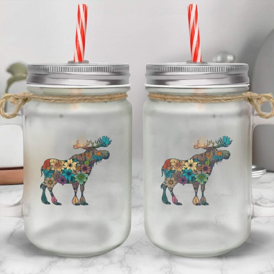 Floral Moose Elk Deer Wild Animal Watercolor 4 Mason Jar Cups