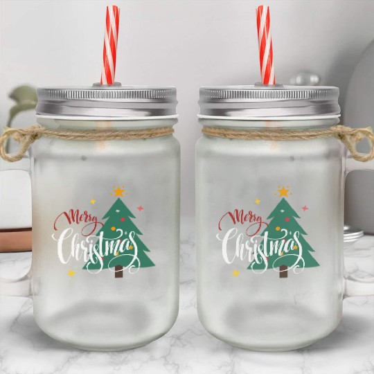 Merry Christmas Tree Snowflakes Ornaments Winter Mason Jar Cups