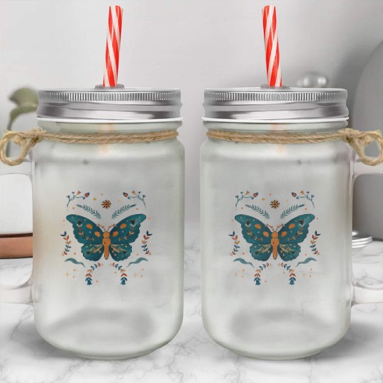 Butterfly Between Flowers Green & Orange design Mason Jar Cups