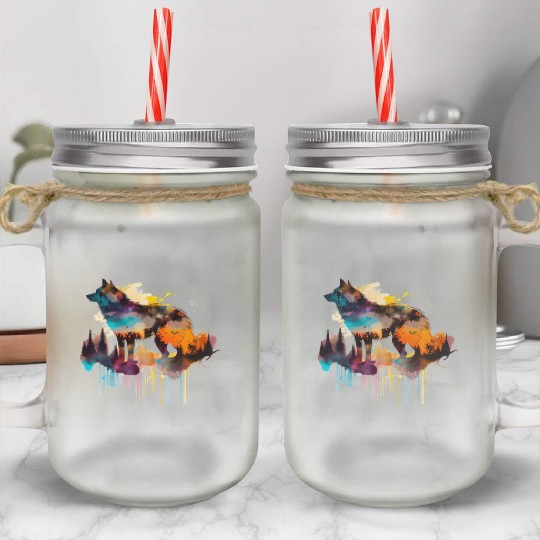 Mountain Wolf Multicolor Watercolor Portrait Mason Jar Cups