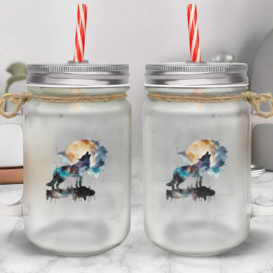 Mountain Wolf Multicolor Watercolor Portrait Mason Jar Cups