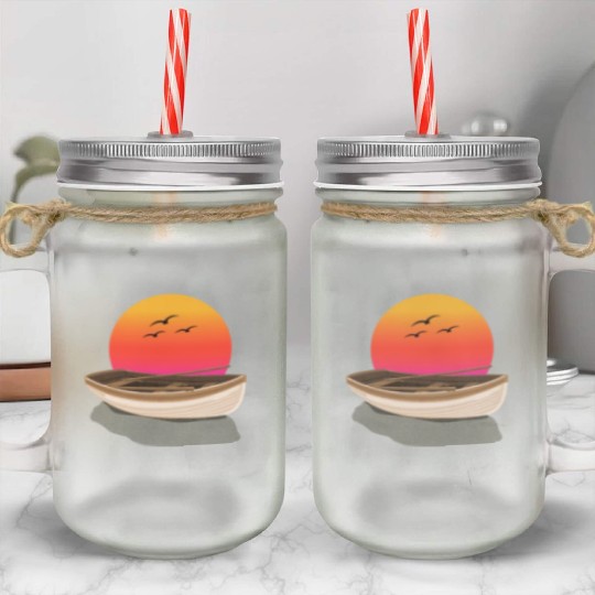 Retro Sunset rowing boat Graphic Mason Jar Cups