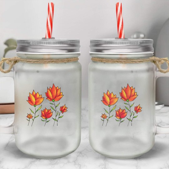 Orange Flowers In Green Spring Watercolor Mason Jar Cups