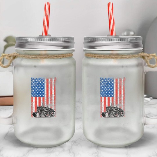 American Flag Farm Patriotic Farming Tractors Mason Jar Cups